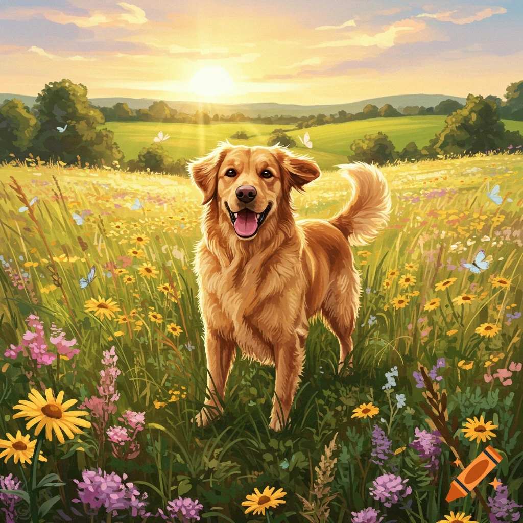A happy golden retriever dog stands in a vibrant field of wildflowers at sunset, illustrated.