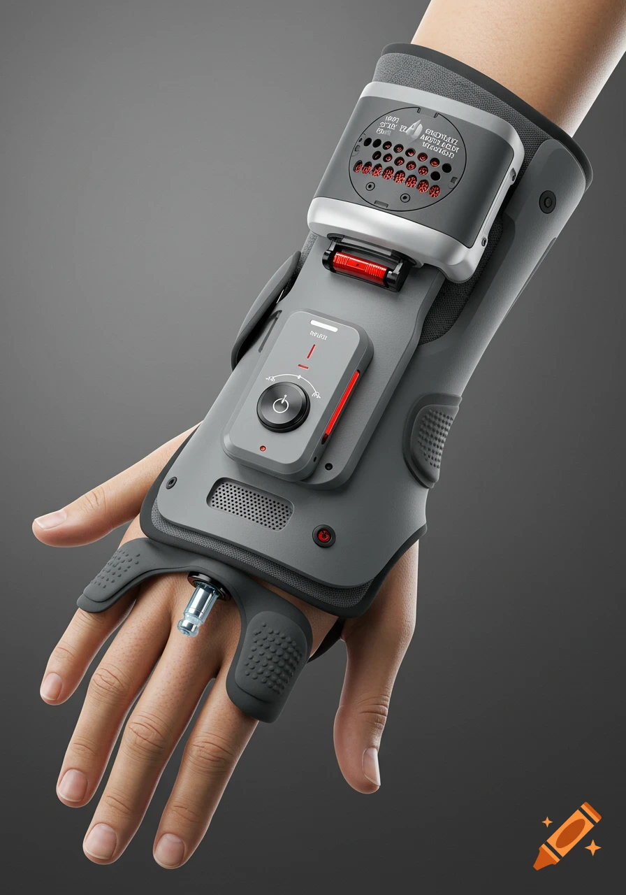 A close-up of a human hand wearing a sleek, futuristic gray wrist brace with red accents, various control panels, and a protruding valve.