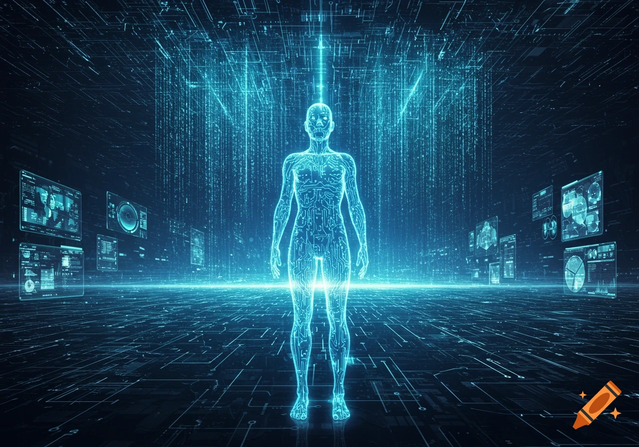 A glowing, circuit-patterned human figure stands in a dark, futuristic digital environment with data screens and binary code streams.