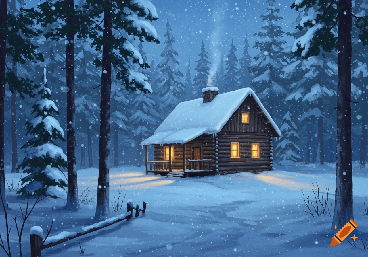 A snow-covered log cabin with glowing windows sits deep in a winter forest, with snow falling around it.