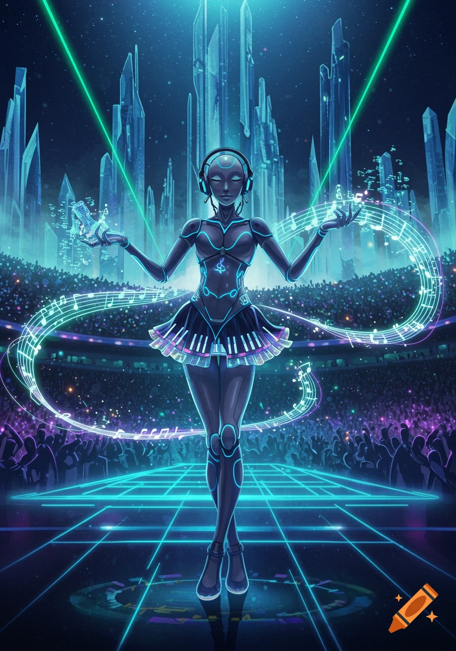 A female robot DJ performs on a neon-lit stage in a futuristic city, surrounded by musical notes and a crowd.