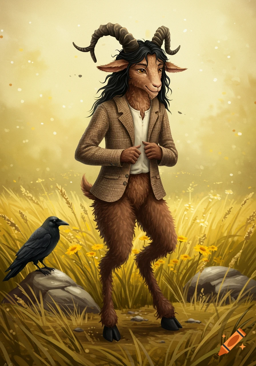 An illustrated satyr with brown fur, black hair, and a tweed jacket stands in a golden field with yellow flowers, beside a black crow on a rock.