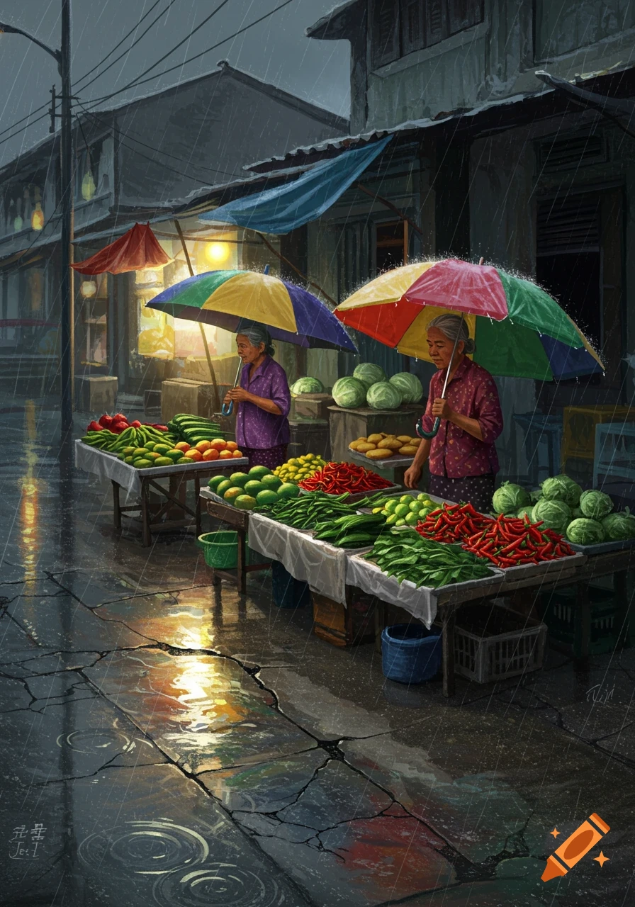 Two elderly women sell vegetables under colorful umbrellas on a rainy street in a bustling Southeast Asian market, digital painting.