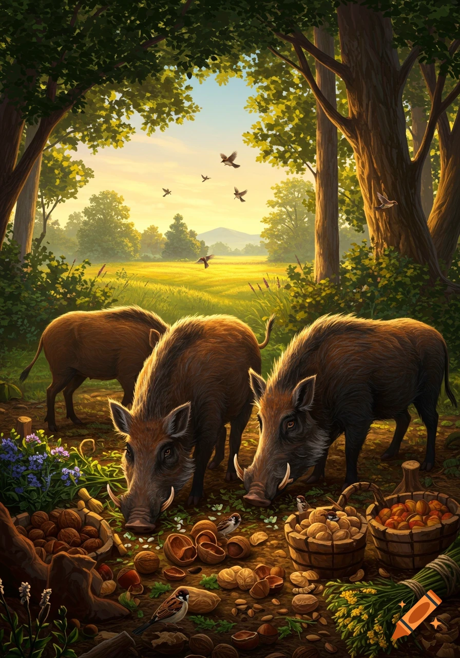 Illustrative scene of three wild boars foraging for nuts and berries on a sunlit forest floor, with birds and trees.