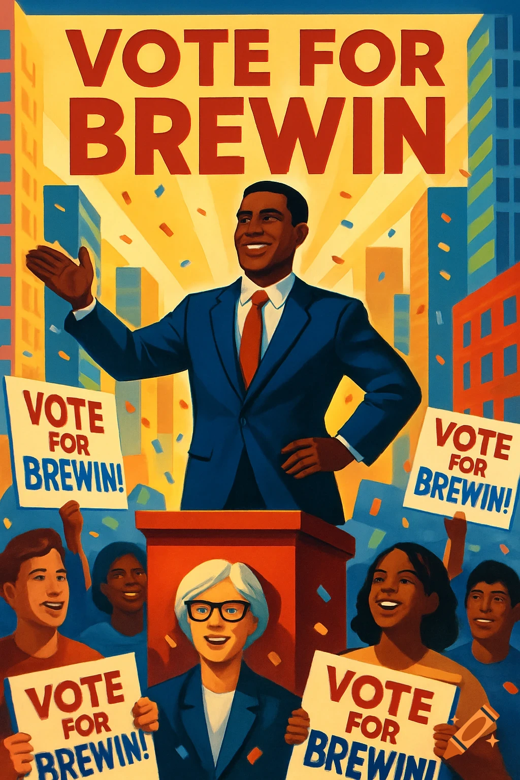 Illustration of a smiling Black man candidate speaking at a podium to a diverse crowd holding "VOTE FOR BREWIN!" signs, against a cityscape background.