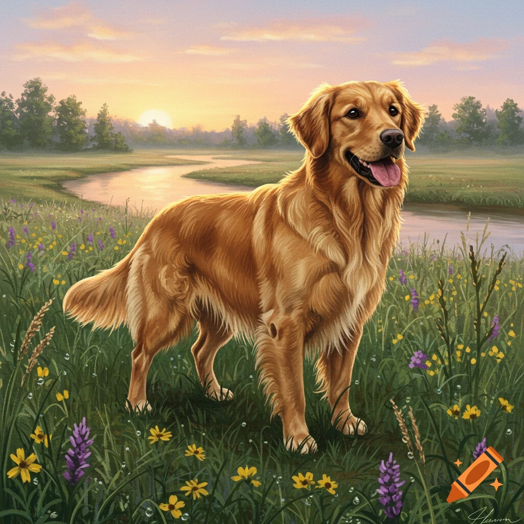 A golden retriever stands in a field of wildflowers beside a winding river at sunset, in a painted style.