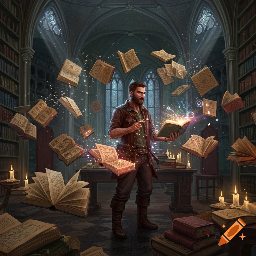 A bearded man in a magical, dark library with dozens of glowing books floating around him, holding an open book.