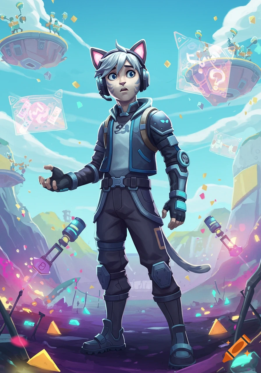 Anime-style catboy in futuristic gear looks confused amidst floating islands and colorful digital artifacts.