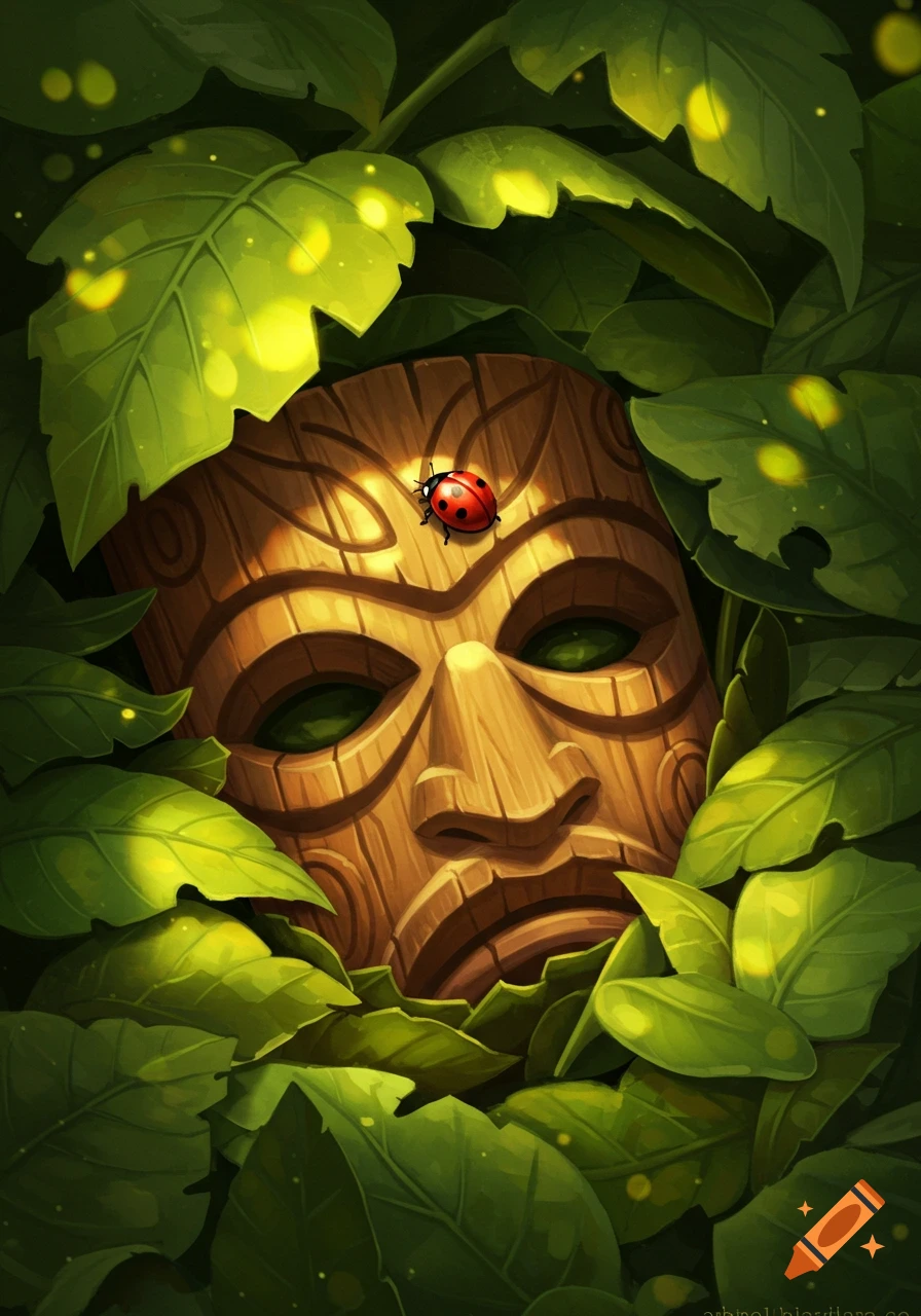 An illustration of a wooden tiki mask partially hidden by lush green leaves, with a red ladybug on its forehead. Light shines through the foliage.