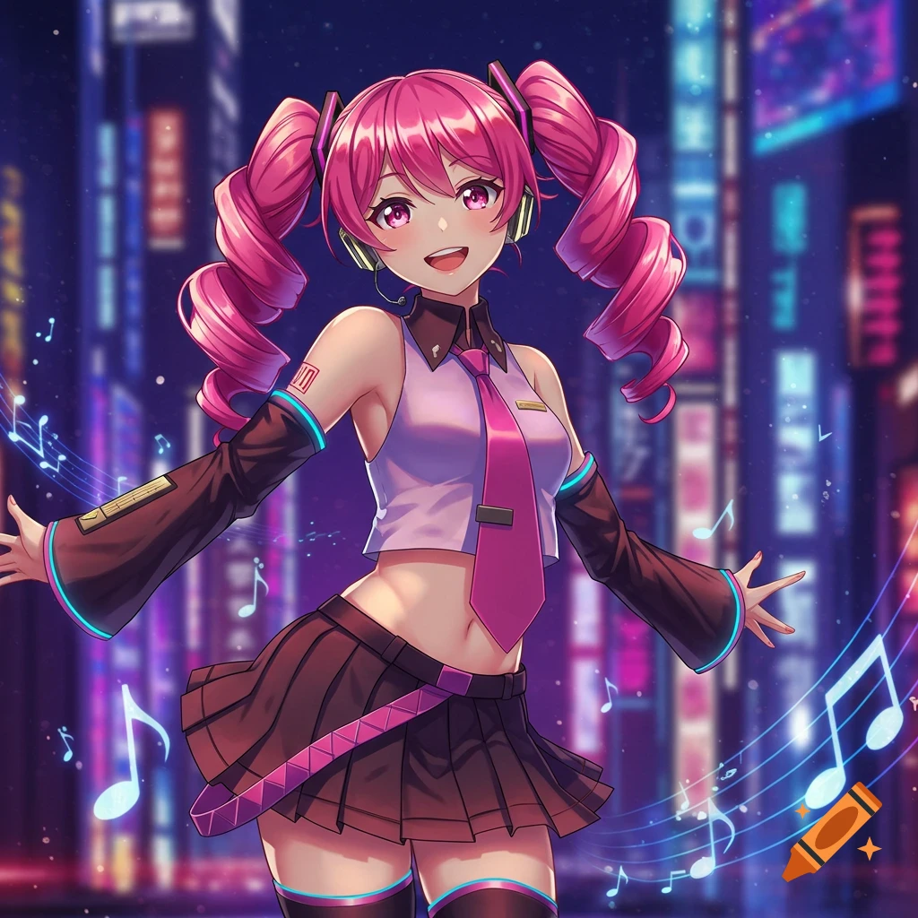 An anime character with pink pigtails, a white crop top, and a pink tie smiles in a futuristic city at night with musical notes floating around her.