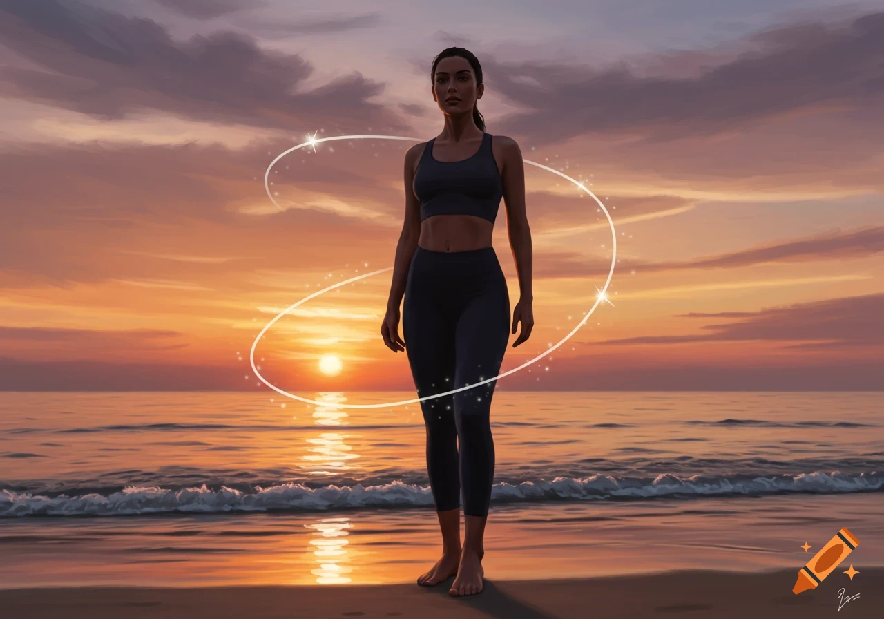 A fit woman in athletic wear stands on a beach at sunset, surrounded by sparkling light effects.