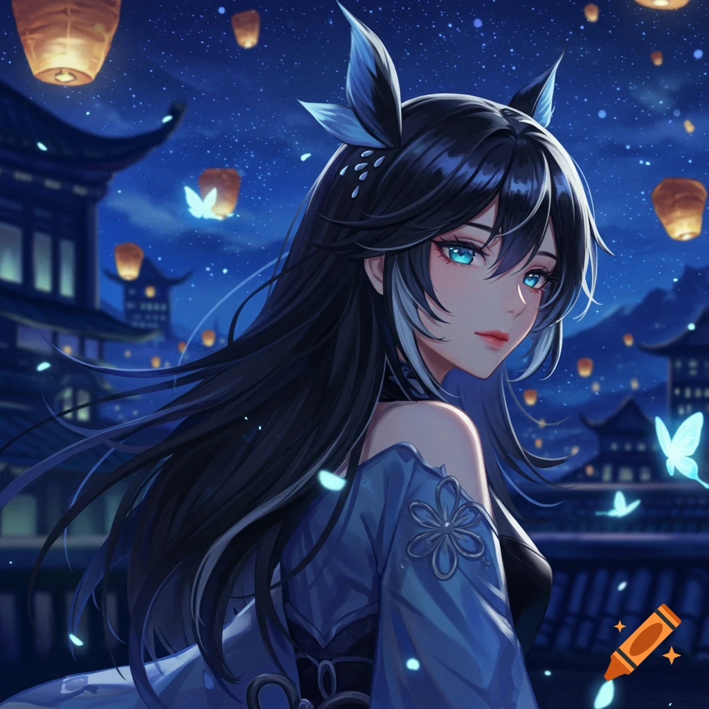 Anime girl with blue eyes and black hair, looking over her shoulder at night, with glowing lanterns and traditional buildings in the background.