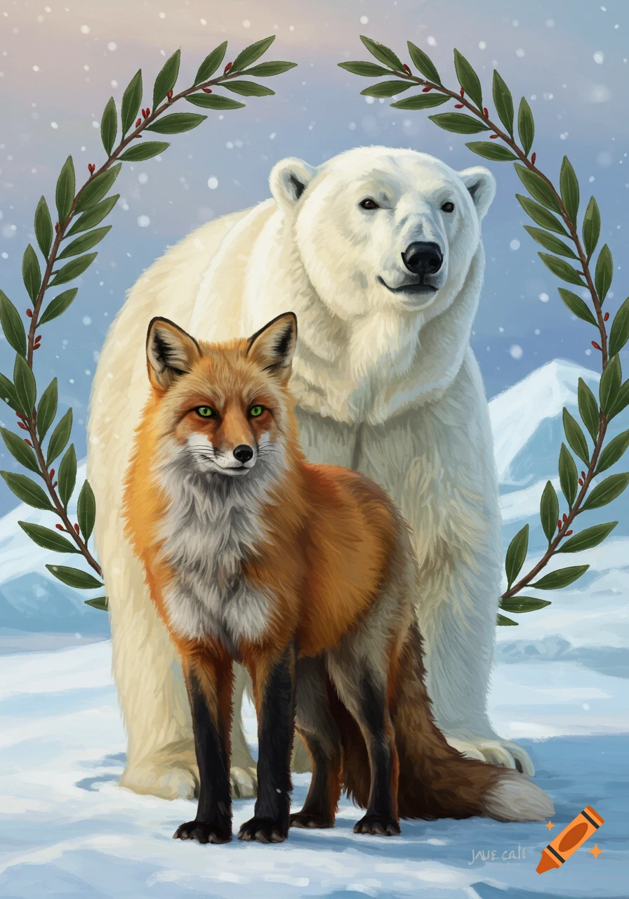 An illustration of a red fox and a polar bear standing in a snowy landscape, framed by a green laurel wreath with red berries.