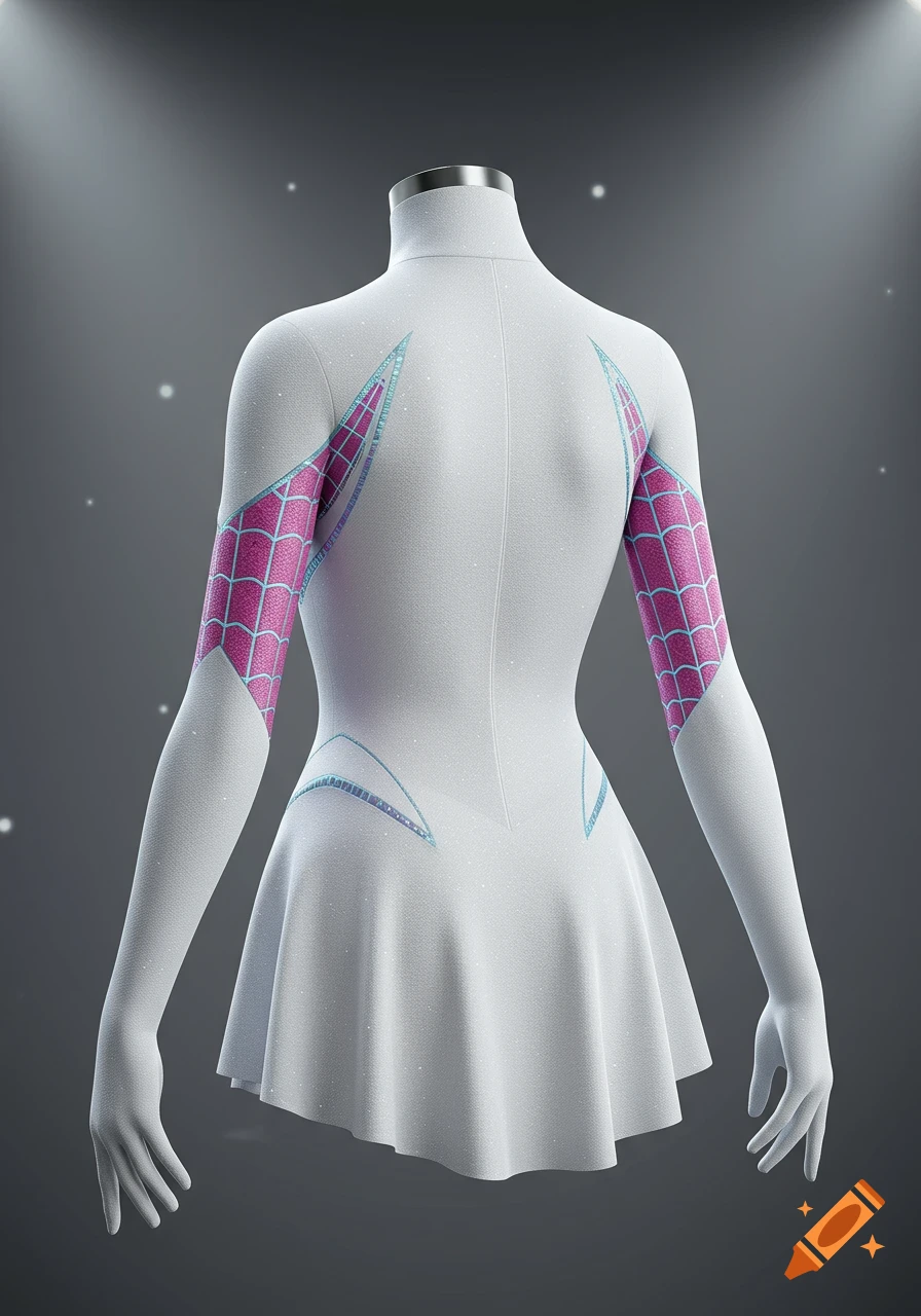 A white, sparkling Spider-Gwen inspired skating costume dress with pink spider web patterns on the arms and back, shown on a mannequin.