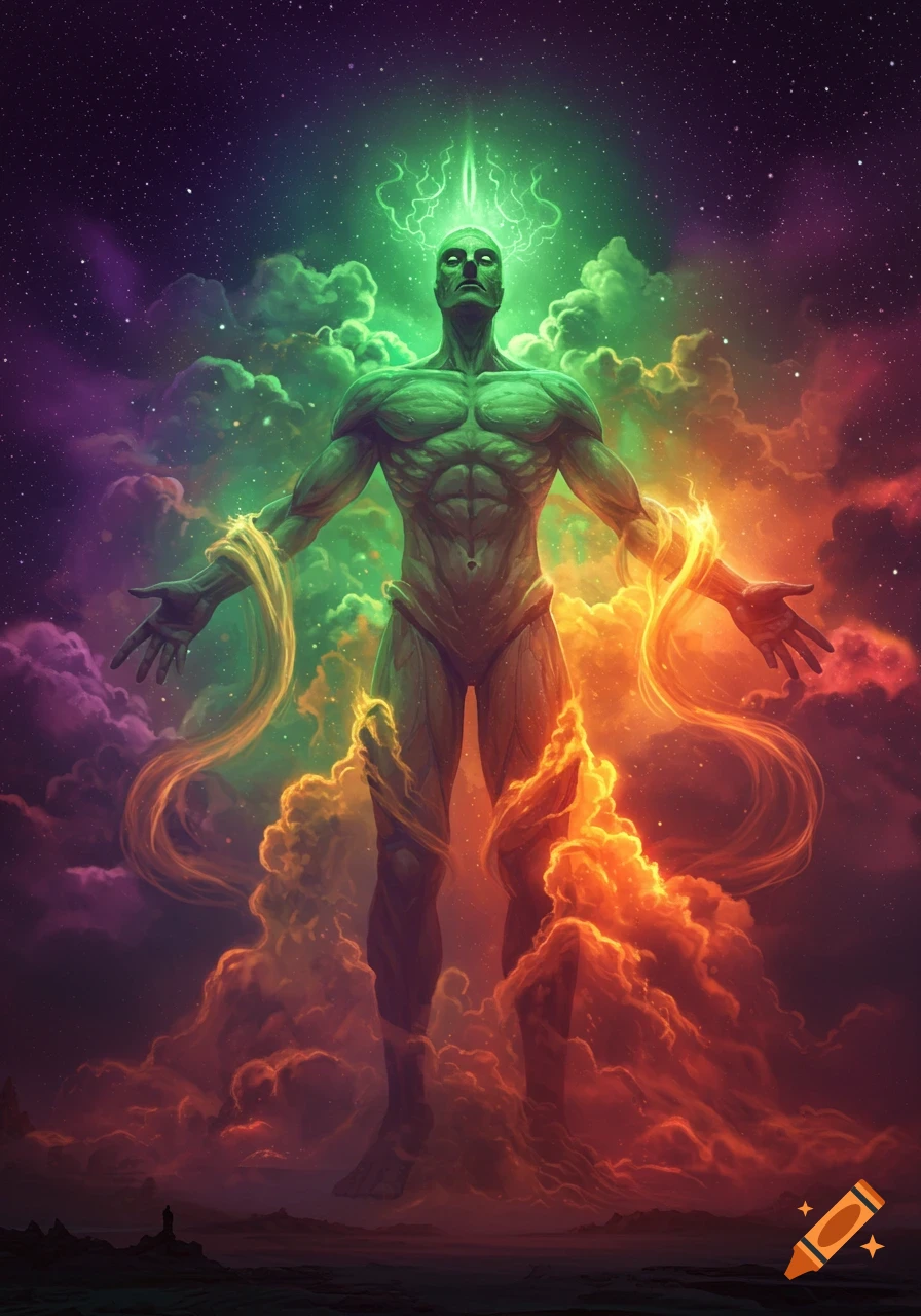 A powerful green-skinned cosmic figure with outstretched arms glows amidst vibrant orange, green, and purple clouds in space.
