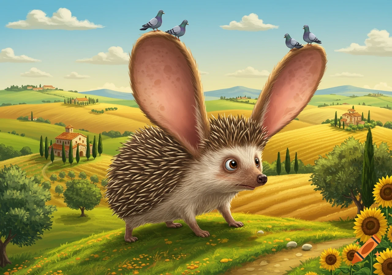 A cartoon hedgehog with huge bunny ears and pigeons on its head stands in a vibrant, rolling Italian countryside with houses and sunflowers.