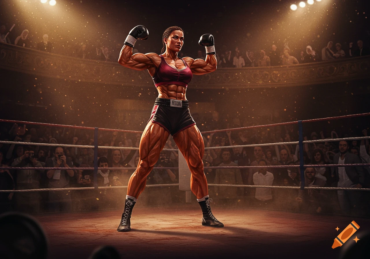Muscular female boxer flexing in a brightly lit boxing ring, with a cheering crowd in the background in a photorealistic style.