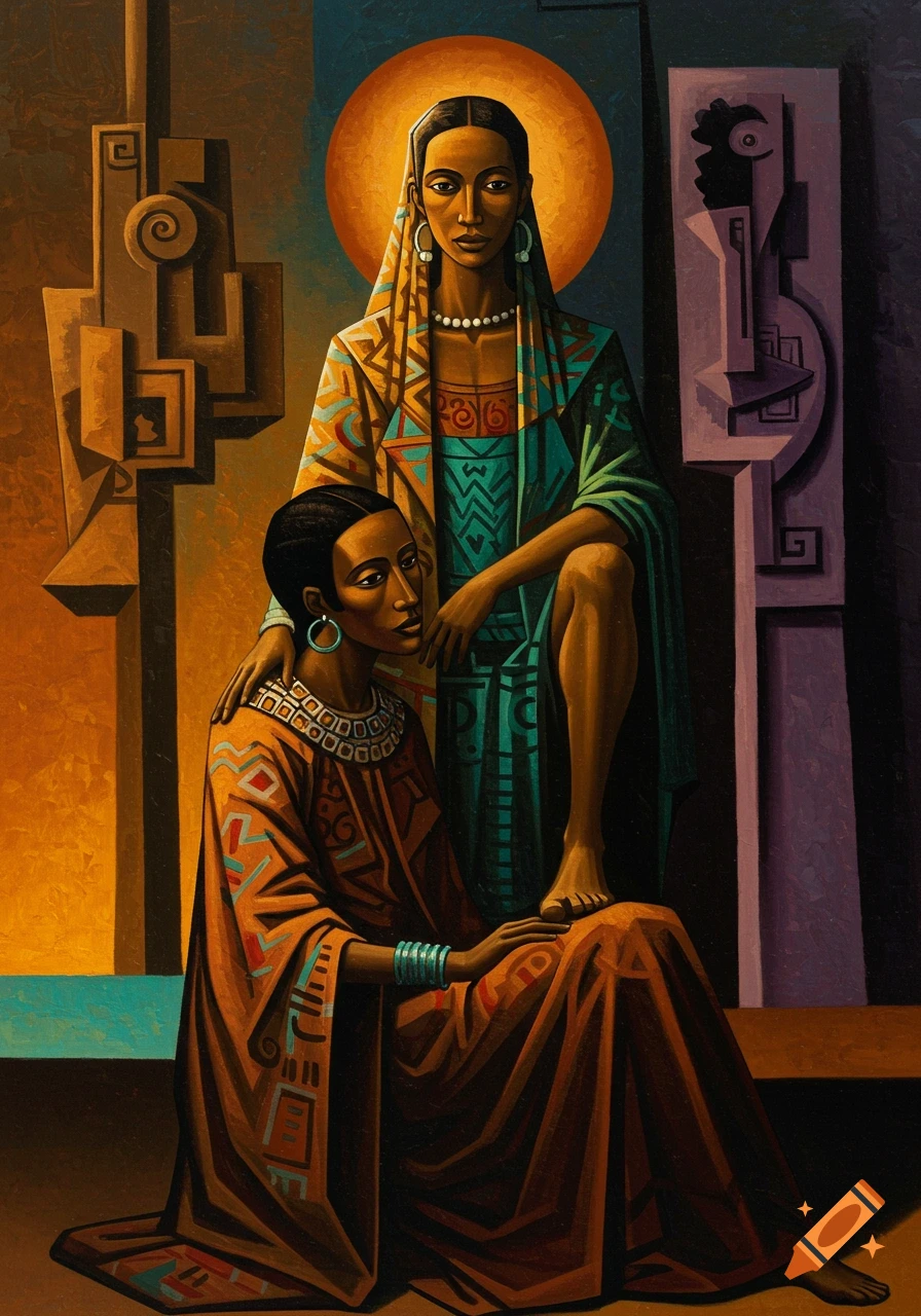 An abstract painting in Wifredo Lam style depicts two women in patterned robes, one standing with her foot on the kneeling woman's knee, against an orange sun.
