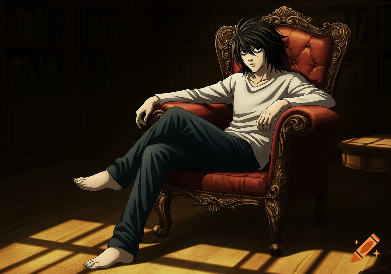 L Lawliet from Death Note sits barefoot in a red armchair in a dimly lit room with bookshelves.