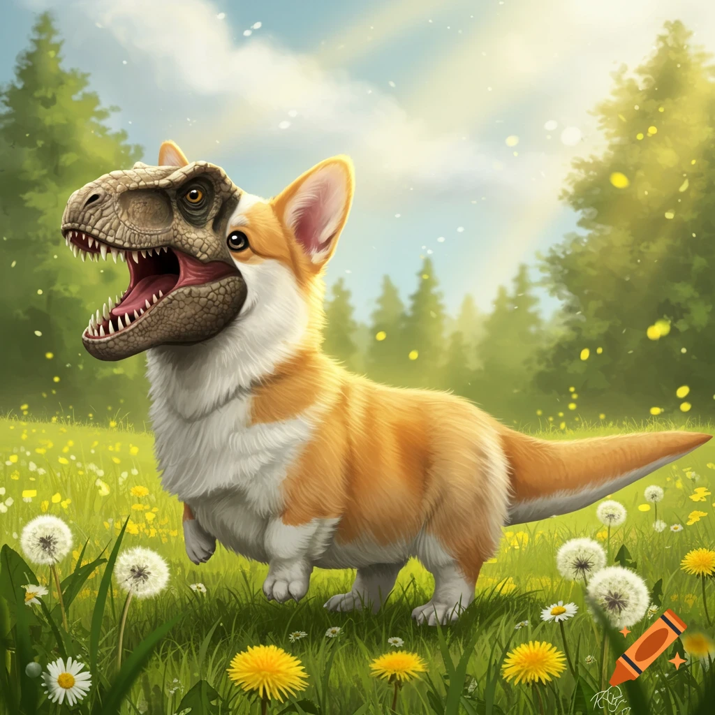 A whimsical illustration of a corgi with a tyrannosaurus rex head and tail, standing in a sunny, flower-filled green field.