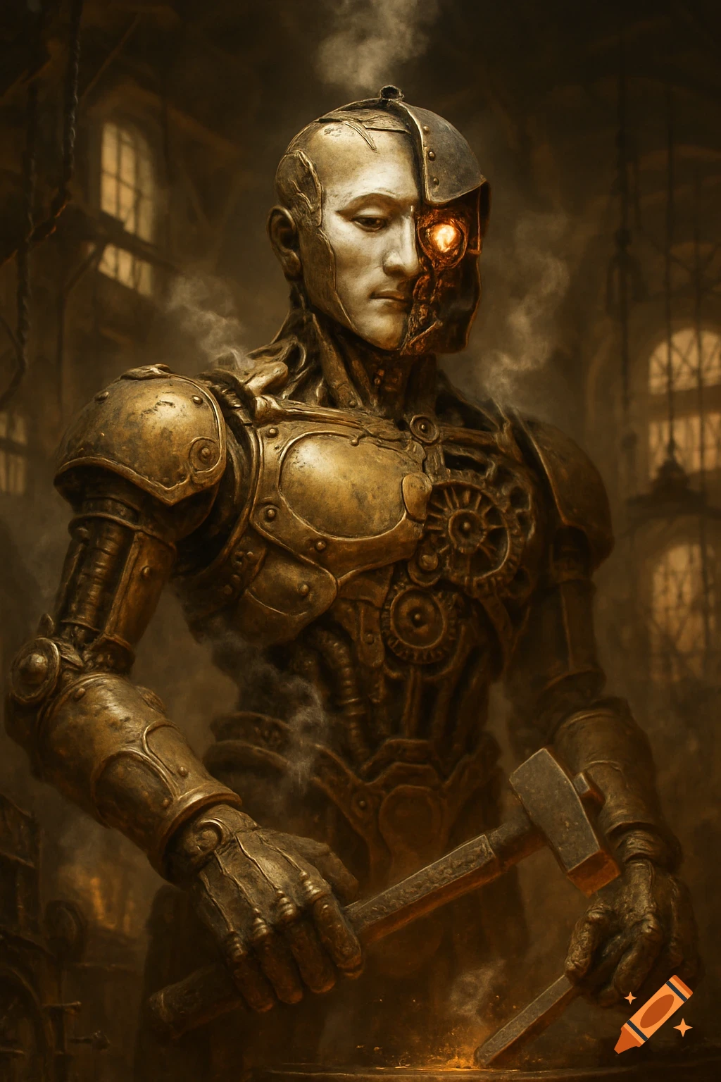 A towering steampunk automaton, half-porcelain, half-exposed gears with a glowing eye, holds a hammer and chisel.