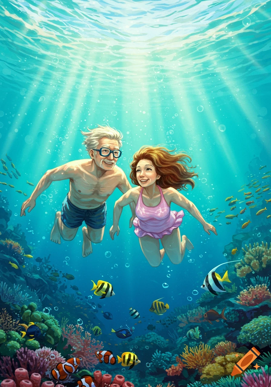 A vibrant illustration of an older man and a young woman swimming underwater in a coral reef with colorful fish.