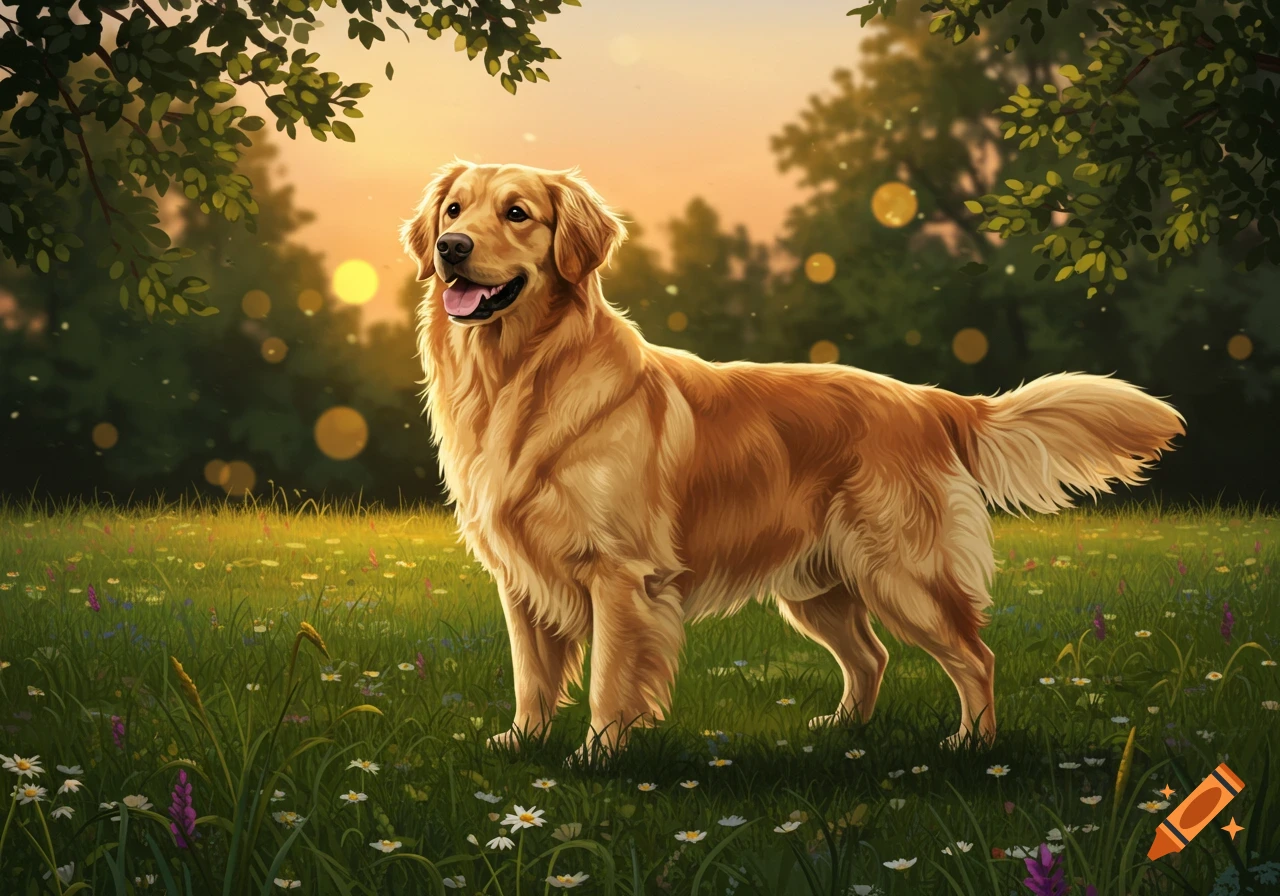 A happy Golden Retriever stands in a vibrant field of wildflowers with trees and a golden sunset in the background.