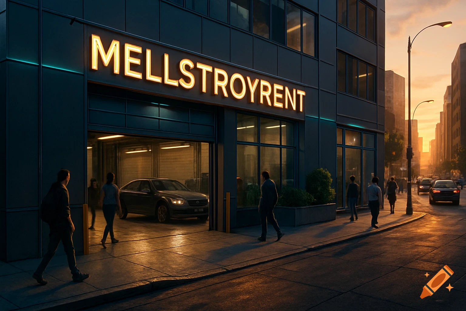 A modern building with a glowing MellstroyRent sign above a garage entrance, people walking on a city street at sunset.