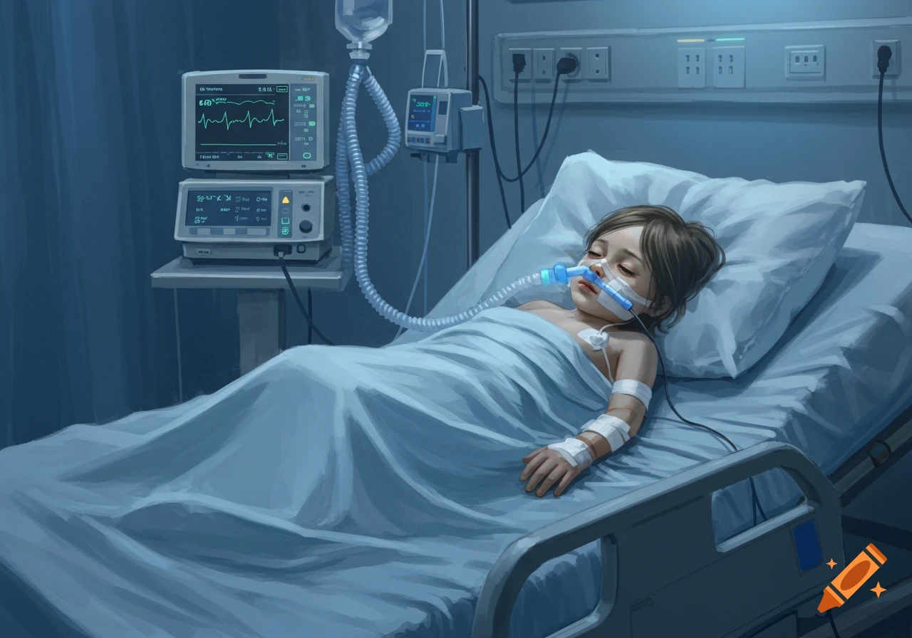 An illustration of a young child lying in a hospital bed, attached to a ventilator and medical monitors.
