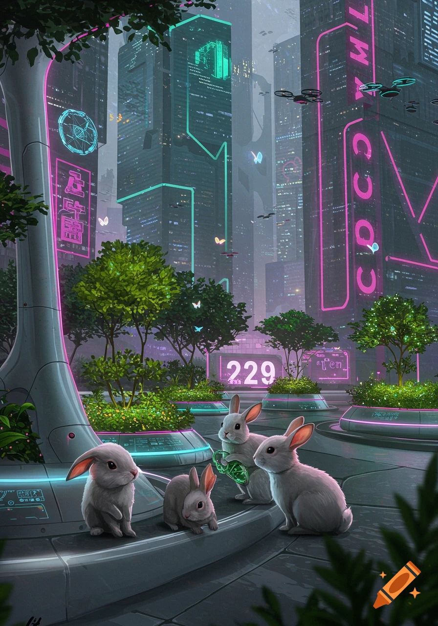 Three white bunnies in a lush, neon-lit futuristic city with tall skyscrapers, flying drones, and glowing signs.