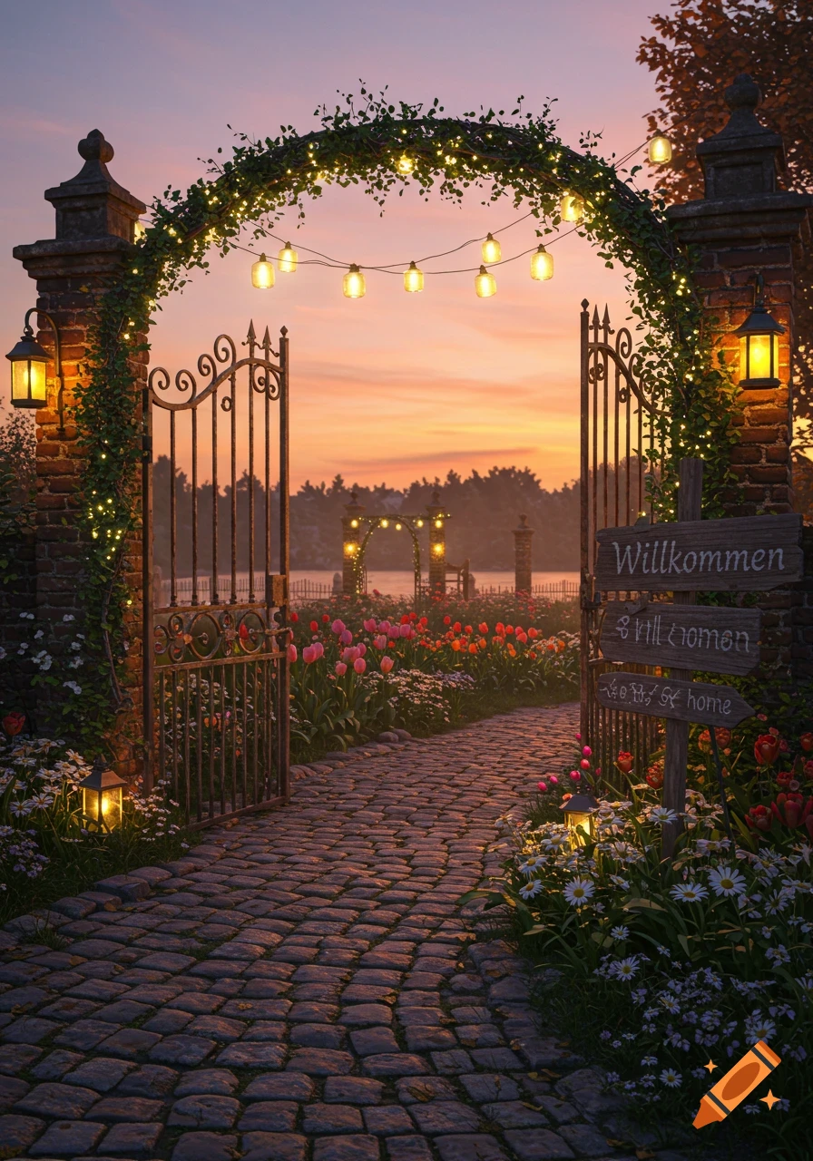 A beautiful garden gate at sunset, with a cobbled path leading through an ornate iron gate adorned with string lights and vines. A signpost reads "Willkommen" and other garbled text. Beyond the gate are tulips and a lake.