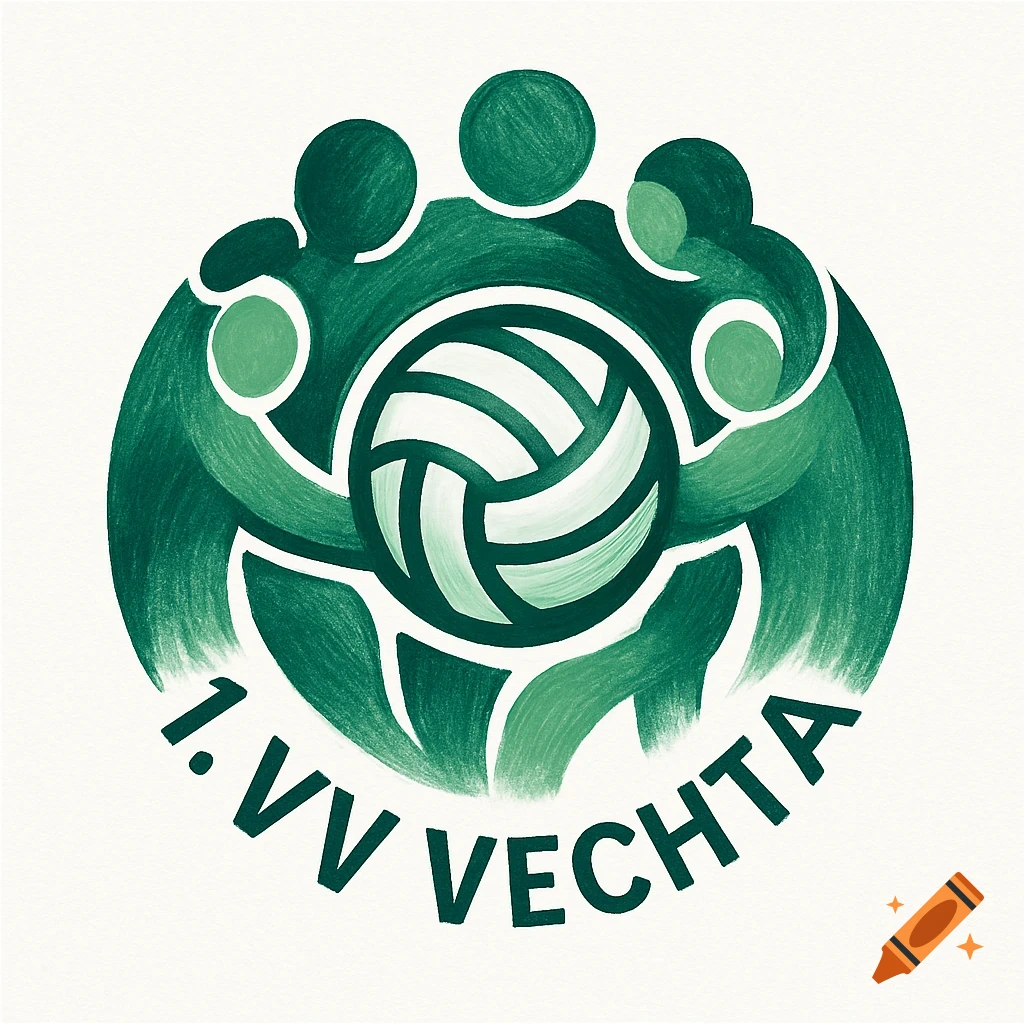 Green and white club logo with abstract figures embracing a volleyball, featuring the text '1. VV VECHTA' in a painterly style.