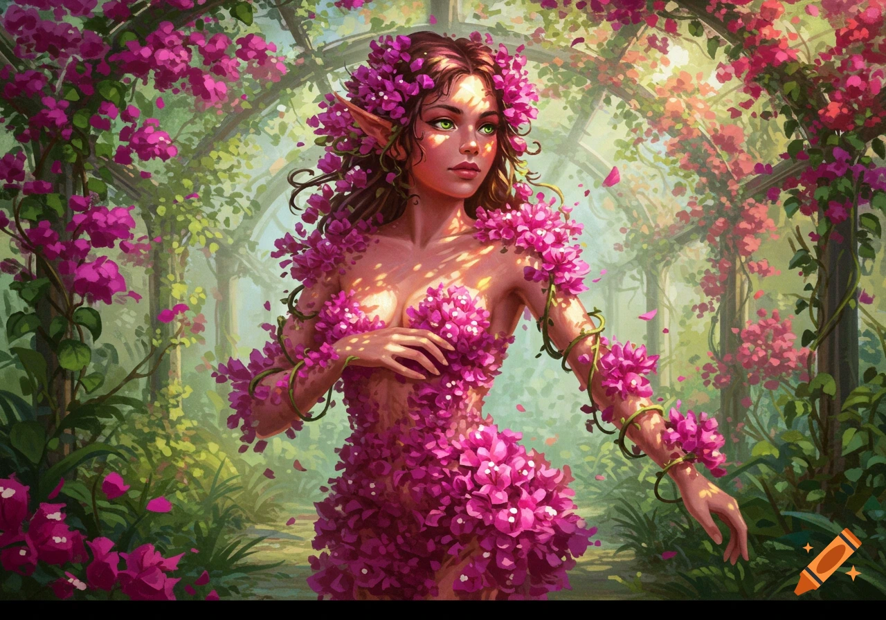 A fantasy elf woman, adorned with vibrant pink bougainvillea flowers, stands in a sunlit greenhouse. Digital art.