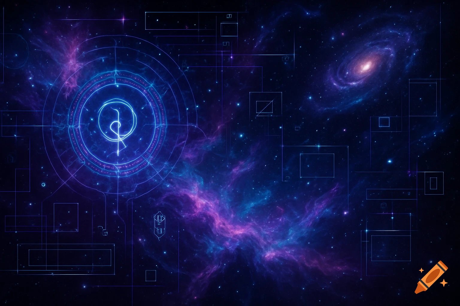 Vibrant cosmic abstract background with glowing blue and magenta nebulae, a spiral galaxy, and futuristic tech-mystical UI elements.