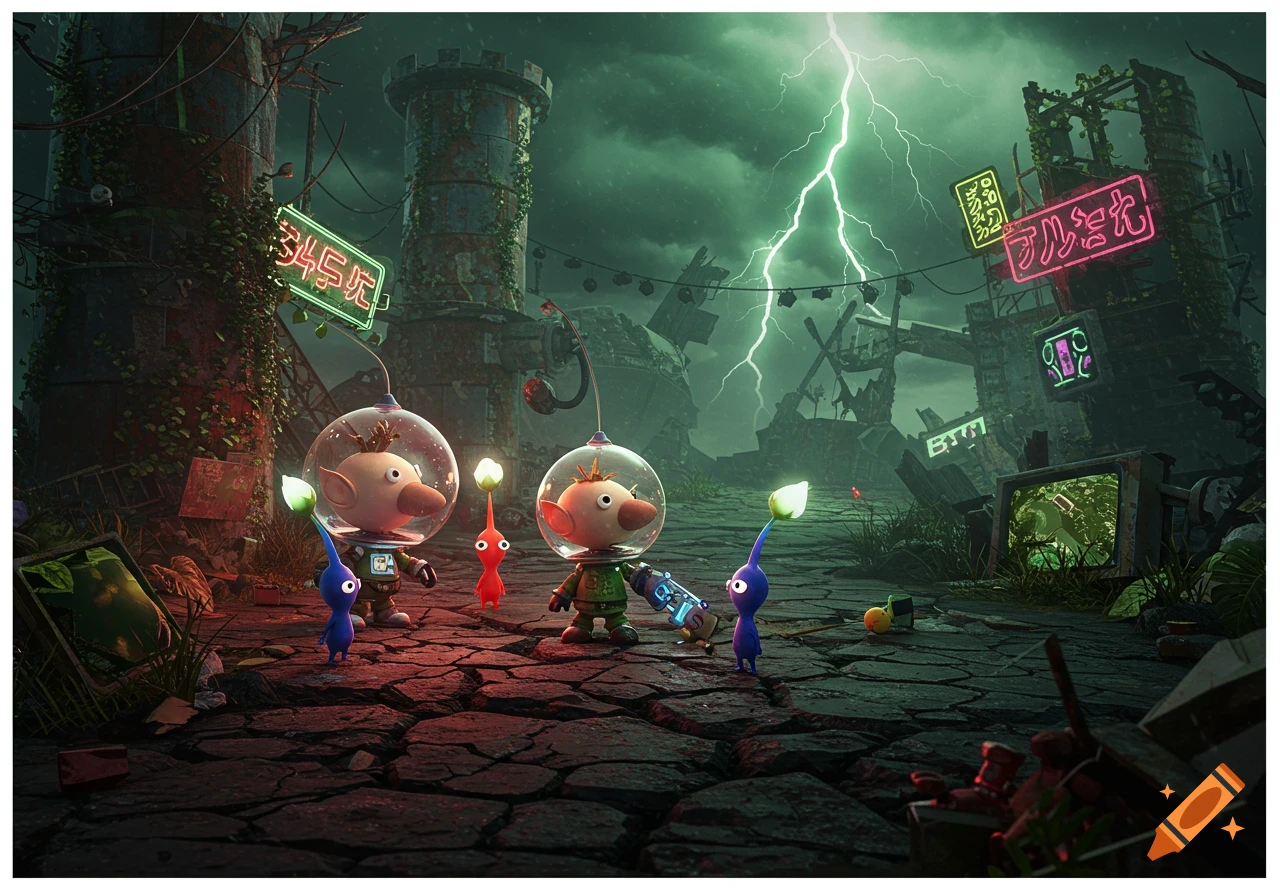 Two large Pikmin in astronaut suits and two smaller Pikmin stand on cracked ground in a stormy, ruined city with neon signs and lightning, in a 3D grunge style.
