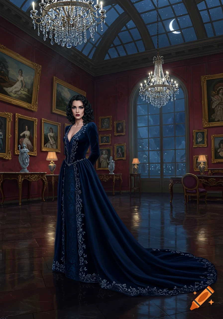 A woman in a dark blue velvet gown with silver embroidery stands in a grand hall with paintings and chandeliers under a night sky.
