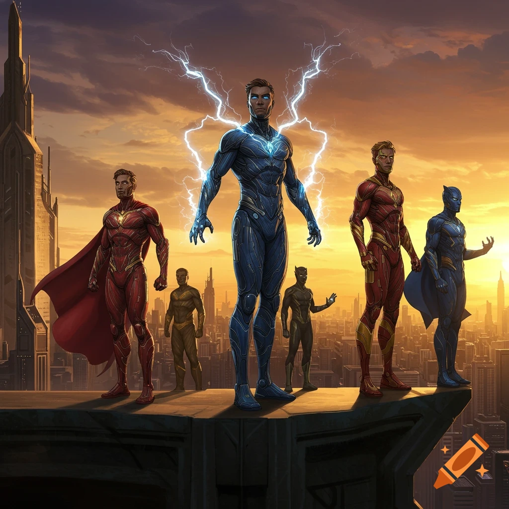 Six diverse superheroes stand on a rooftop overlooking a futuristic city at sunset, one in blue armor crackling with lightning.