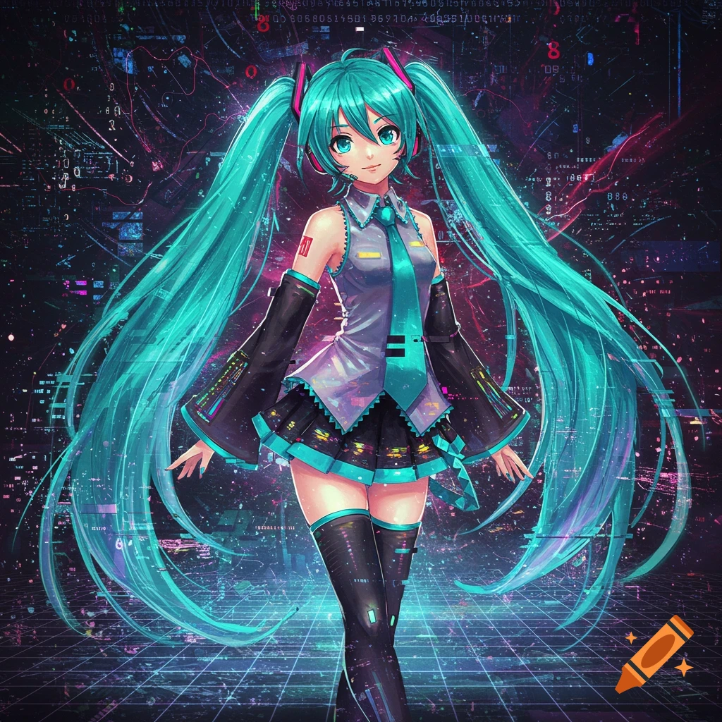 An anime girl resembling Hatsune Miku stands against a chaotic, glowing digital background with circuit-like patterns.