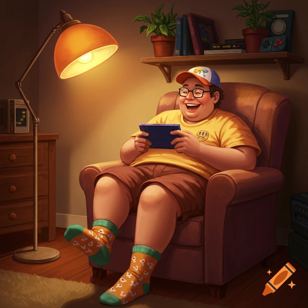 Laughing chubby adult male plays a handheld game in an armchair under a lamp in a cozy, digitally illustrated room.