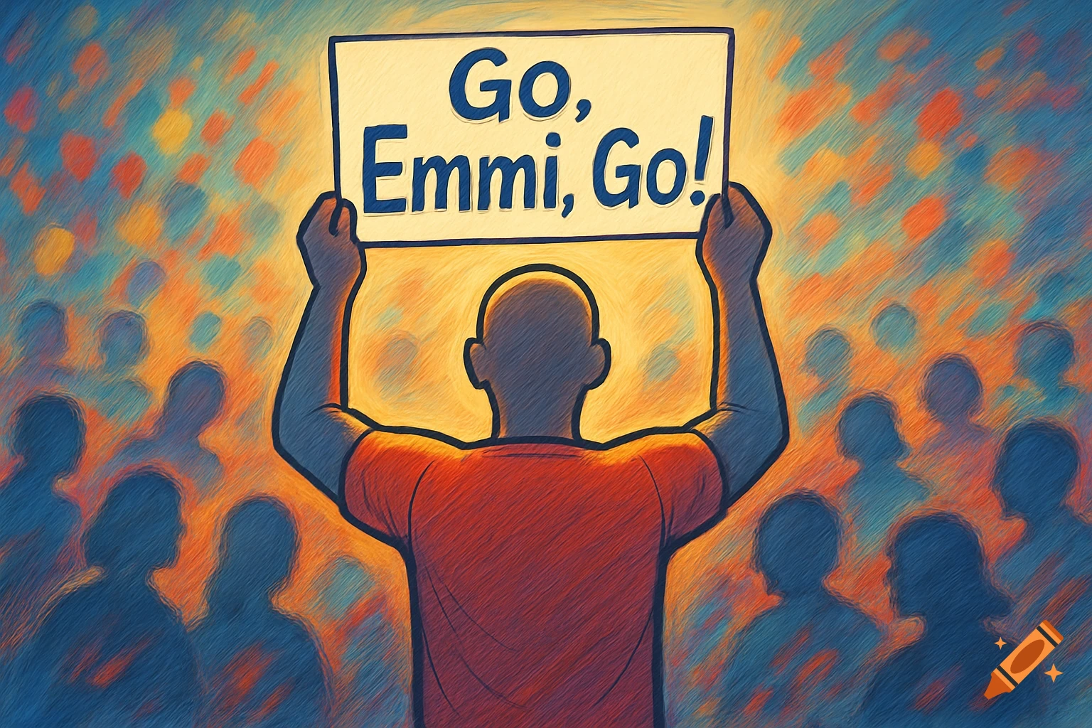 A stylized illustration from behind of a person in a crowd holding a sign that reads 'Go, Emmi, Go!'.