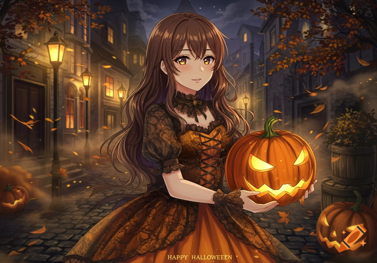 An anime girl in a black and orange Halloween dress holds a glowing jack-o'-lantern in a spooky autumn town.