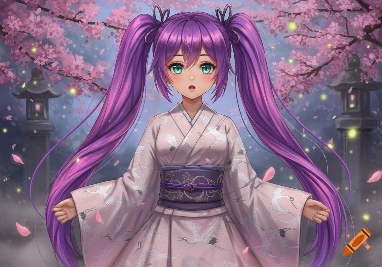 An anime girl with long purple pigtails wears a white and purple kimono, standing among pink cherry blossoms and traditional lanterns.
