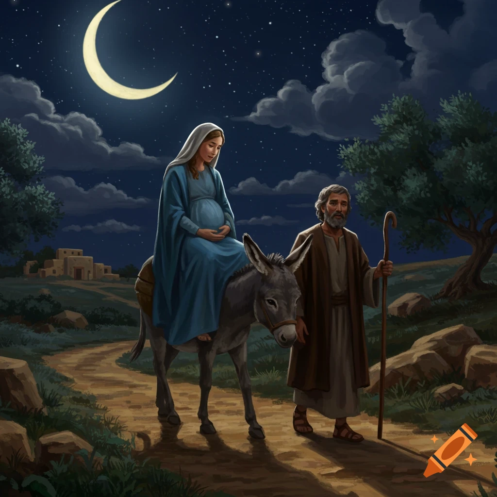 A pregnant Mary rides a donkey, led by Joseph, along a path under a crescent moon in a nighttime illustration.
