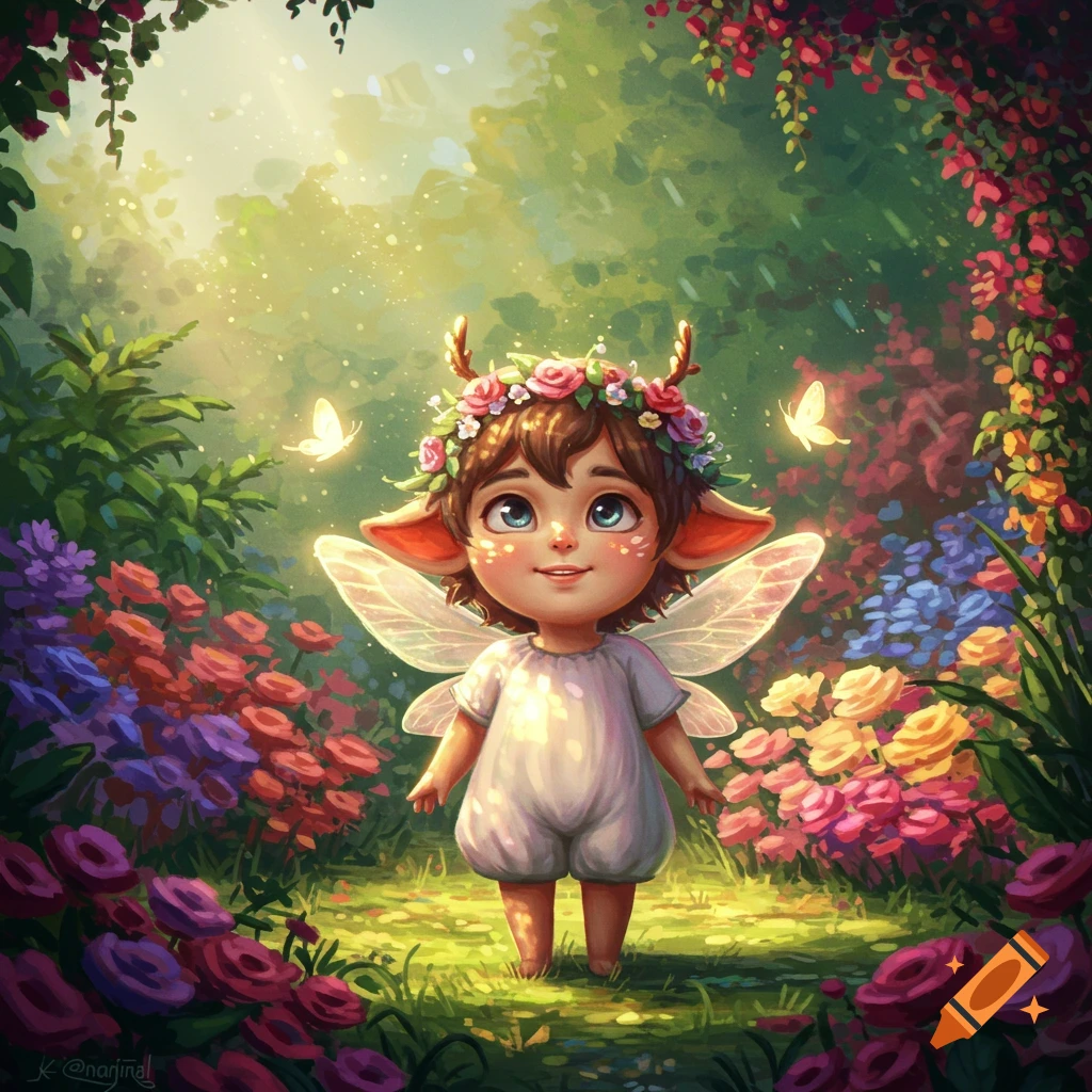 A cute fairy child with deer antlers and a flower crown stands in a vibrant, sun-dappled magical forest with butterflies.