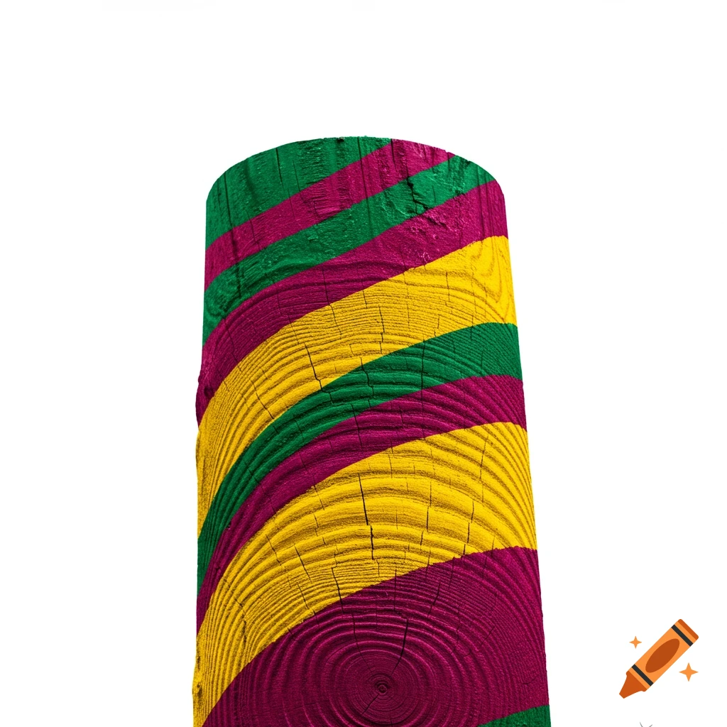 A close-up of a cut log painted with diagonal stripes of green, yellow, and magenta, resembling a rolled carpet.
