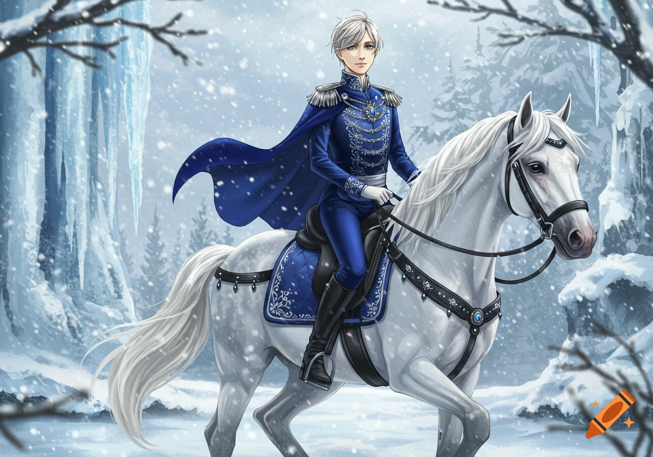 An anime prince with silver hair in a blue uniform and cape rides a white horse through a snowy forest.