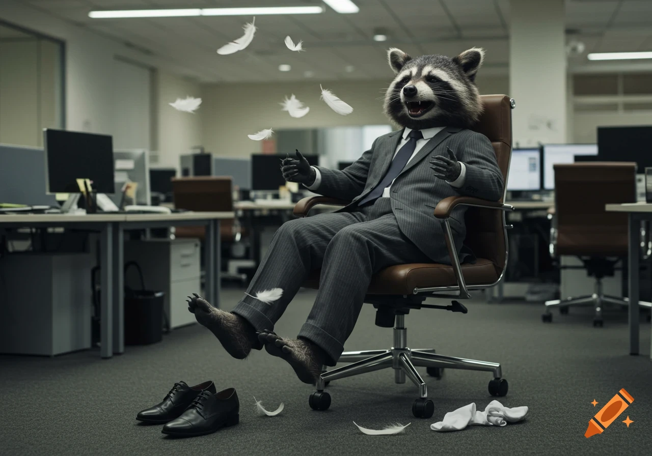 A photorealistic image of a laughing anthropomorphic raccoon in a suit, sitting in an office chair while feathers float around and tickle its bare feet. Black shoes and white socks are on the carpet next to the chair.