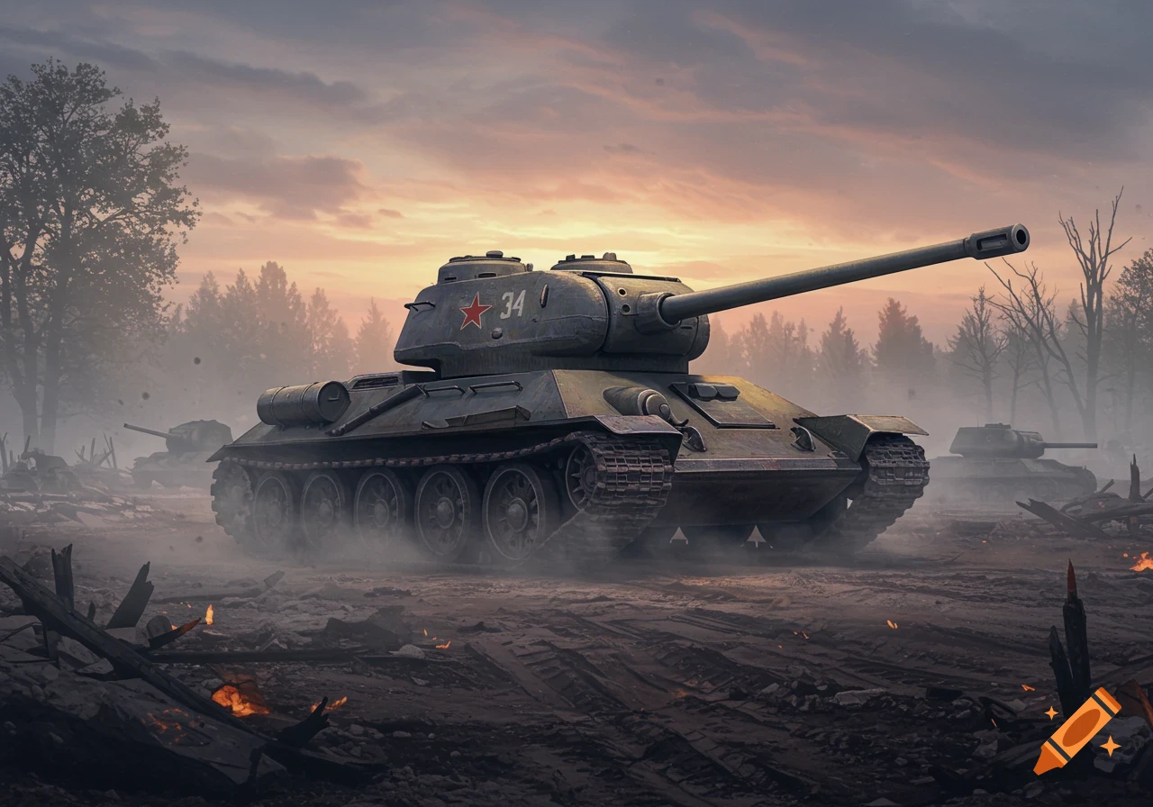 A detailed T-34 tank with a red star and '34' on its turret stands amidst a smoky, war-torn battlefield at dusk.