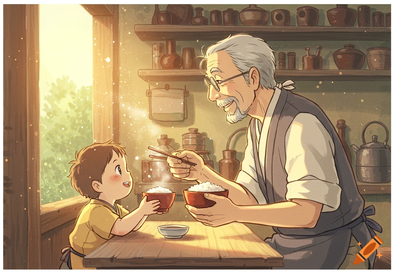 Ghibli-style anime of a grandfather smiling and passing chopsticks to his grandson in a sunlit, rustic kitchen with sparkling dust motes.