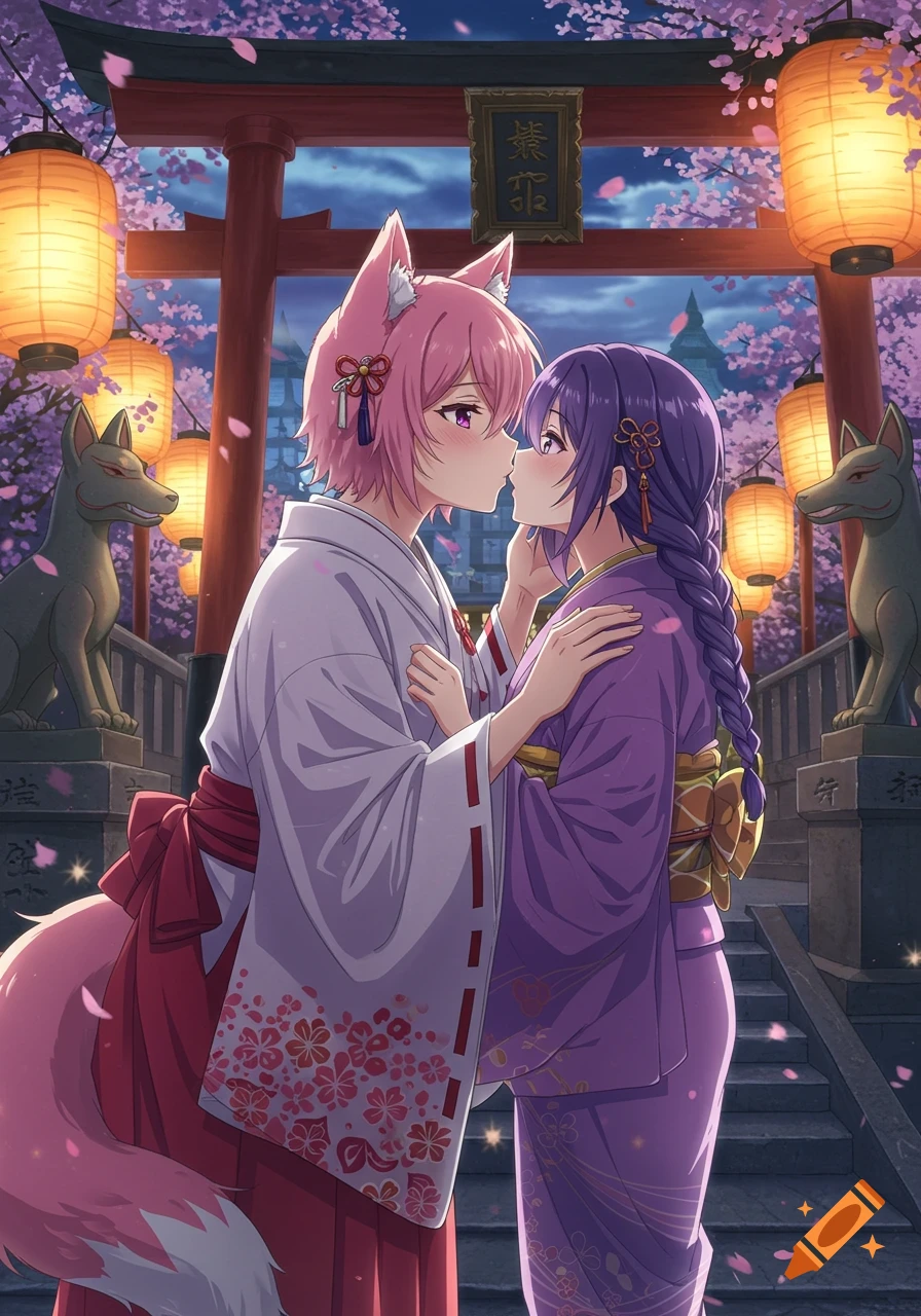 An anime pink fox girl in a white kimono kisses a purple-haired girl in a purple kimono at a Japanese shrine under cherry blossoms and lanterns.
